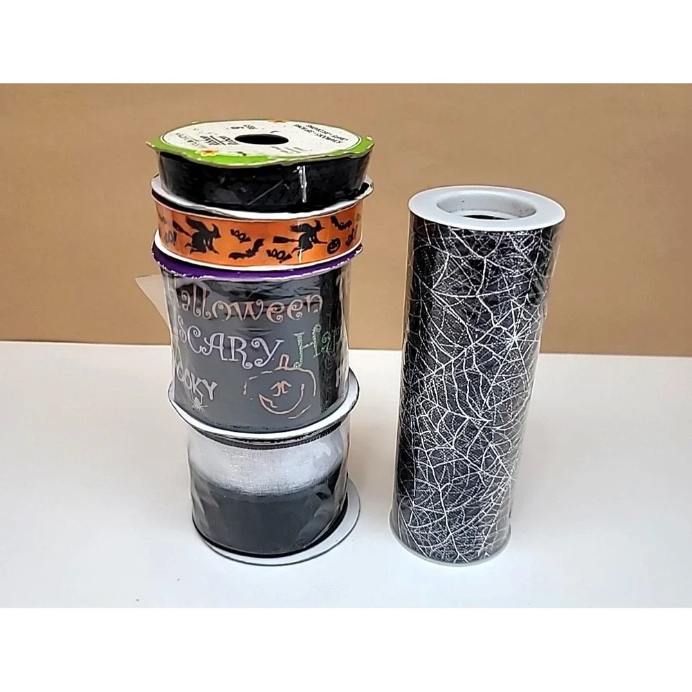 Lot of 5 Halloween Ribbon-5ft Tulle-(2) 9ft Wire Edge-9ft Satin-9ft Sequin Trim